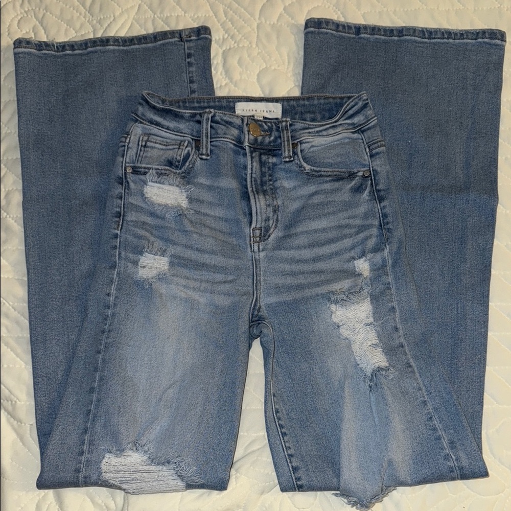 Women’s Blue Flare Wide Leg Jeans with Distressed Details - 24